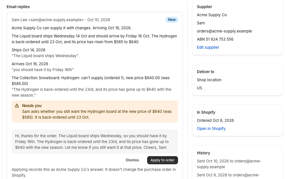 A supplier's email reply turned into changes to approve