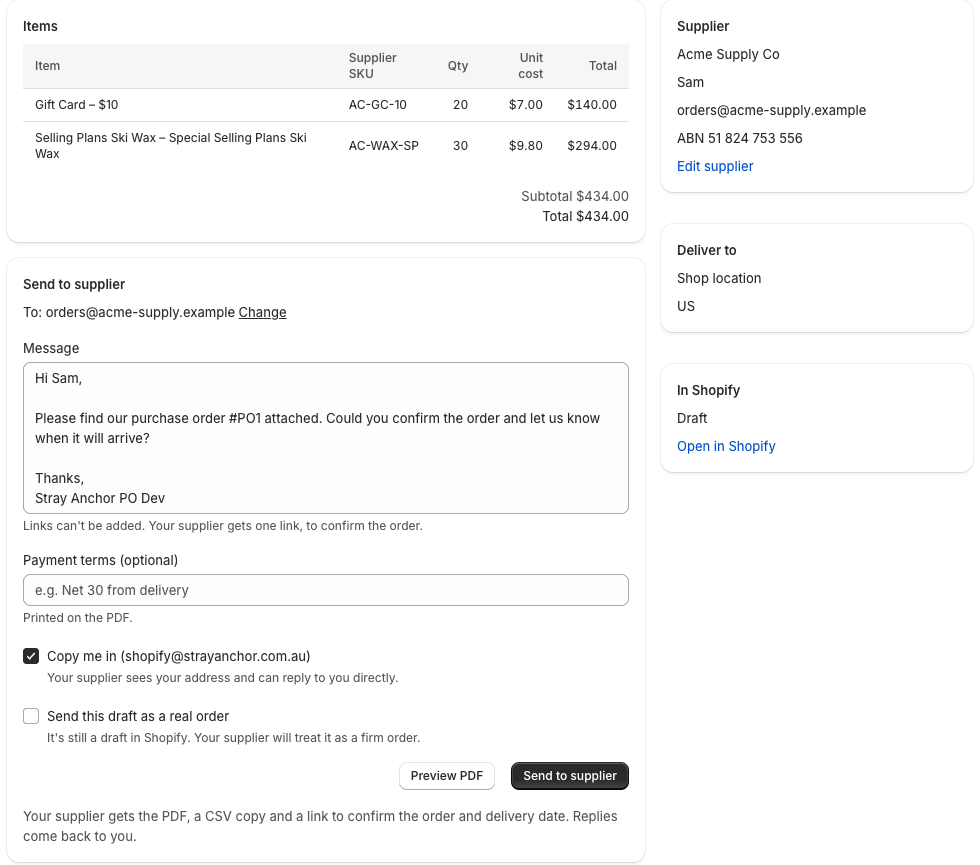 A purchase order ready to send, with the message to the supplier